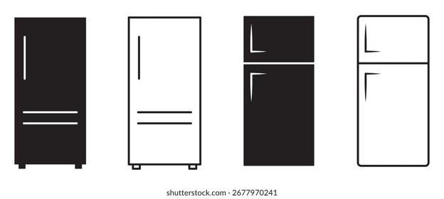 Conjunto de Vector de icono de nevera. Icono del refrigerador, logotipo del Vector. Silueta del refrigerador, símbolo del refrigerador y muestra. Equipo Electrónica Ilustración vectorial de nevera.