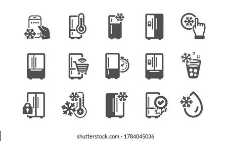 Fridge icons set. Freezer storage, refrigerator, smart fridge machine. Water with ice, cooler box, thermometer icons. Wi-fi remote access, thermostat timer, smart freezer. Quality set. Vector