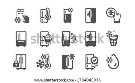 Fridge icons set. Freezer storage, refrigerator, smart fridge machine. Water with ice, cooler box, thermometer icons. Wi-fi remote access, thermostat timer, smart freezer. Quality set. Vector