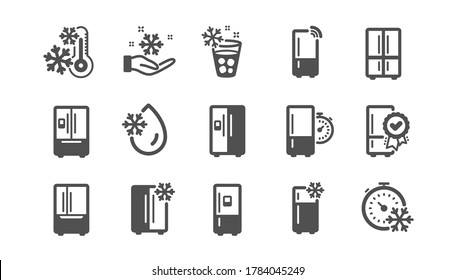 Fridge icons set. Refrigerator, smart fridge machine, freezer storage. Water with ice, cooler box, thermometer icons. Wi-fi remote access, thermostat timer, smart freezer. Quality set. Vector