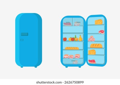 Fridge illustration with open door and food storage inside showing household appliance for daily use in supermarket or online store with pack shelf wine beer and cool product choice for consumer

