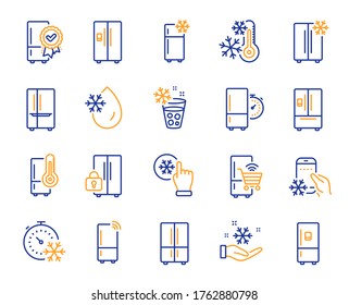 Fridge line icons. Refrigerator, freezer storage, smart fridge machine. Water with ice, cooler box, thermometer icons. Wi-fi remote access, thermostat timer, smart freezer. Vector