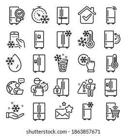 Fridge Line Icons. Refrigerator, Freezer Storage, Smart Fridge Machine. Water With Ice, Cooler Box, Thermometer Icons. Wi-fi Remote Access, Thermostat Timer, Smart Freezer. Line Icon Set. Vector