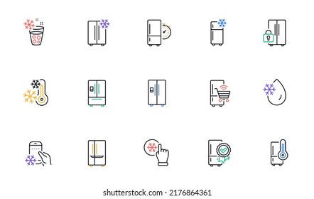 Fridge line icons set. Freezer storage, refrigerator, smart fridge machine. Water with ice, cooler box, thermometer icons. Wi-fi remote access, thermostat timer, smart freezer. Vector