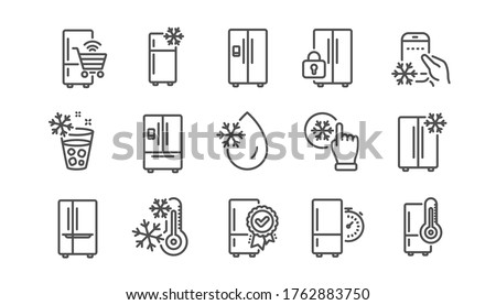 Fridge line icons set. Freezer storage, refrigerator, smart fridge machine. Water with ice, cooler box, thermometer icons. Wi-fi remote access, thermostat timer, smart freezer. Linear set. Vector