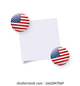 Fridge load stones holding empty sticker. Original USA round magnet, badge, circle button template isolated on white. American national symbol. United States of America flag. Vector illustration