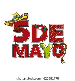 Fridge magnet design for Cinco de Mayo celebration. Lettering with art elements of sombrero, scarf, jalapeno, cactus plant and cartoon face.