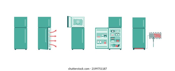 Fridge maintenance and food storage icon set, isolated on white background