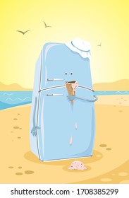 fridge with melted ice  cream vector illustration. cartoon refrigerator