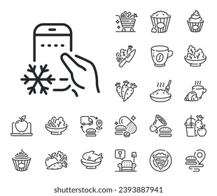 Fridge mobile application sign. Crepe, sweet popcorn and salad outline icons. Refrigerator app line icon. Remote control symbol. Refrigerator app line sign. Pasta spaghetti, fresh juice icon. Vector