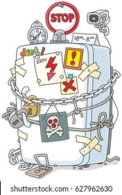 Fridge on a diet, closed until the morning with locks, chains and cords, under a surveillance camera and an alarm system