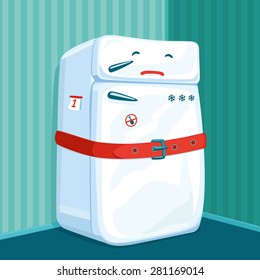 The fridge on a diet wearing a belt. Vector illustration of a healthy lifestyle. 