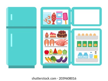 Fridge Open And Close Concept Vector Illustration On White Background. Refrigerator With Food Inside In Flat Design.