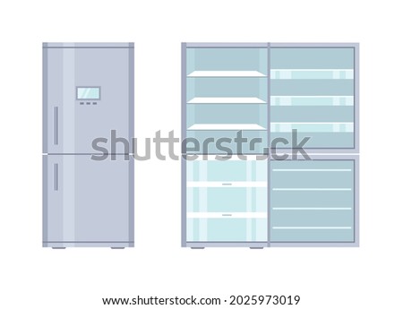 Fridge. Open and closed refrigerator with freezer. Empty fridge with door and shelf for kitchen. Inside modern machine for storage and cold of products. Cartoon illustration in flat stele. Vector.