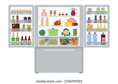 Fridge with open doors, a full of food. There is a champagne bottle, a box of chocolates, a juice, sausage, bananas, eggs, ketchup and other groceries in the picture. Vector illustration