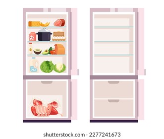 Fridge open full of food and empty goods isolated set concept. Vector graphic design element illustration