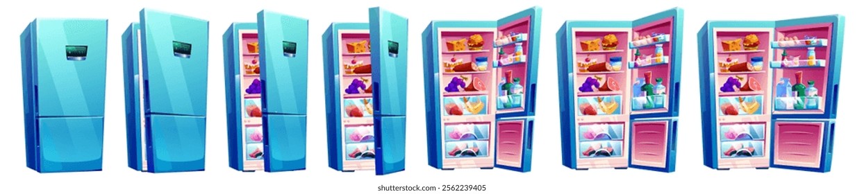 Fridge opening animation sequence showing blue refrigerator full of fresh products. Cartoon progression of door movement from closed to open, shelving compartments and colorful food items inside.