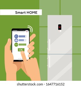 Fridge operated via smartphone with wi-fi. Refrigerator and mobile phone with remote control app. Internet of things concept.Male Hands with cellphone,finger touching screen. Vector flat illustration.
