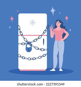 Fridge and people flat design concept with young slender girl pointing at refrigerator on chain vector illustration