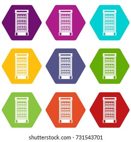 Fridge with refreshments drinks icon set many color hexahedron isolated on white vector illustration