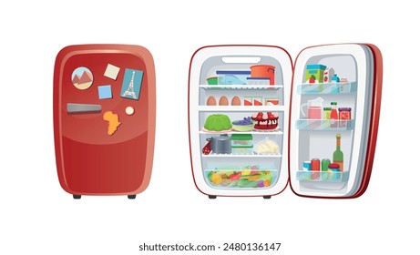 Fridge. Refrigerator with food for animation, closed and open  refrigerators. Cartoon.