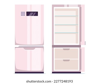 Fridge refrigerator open close empty freezer isolated concept set. Vector graphic design element illustration
