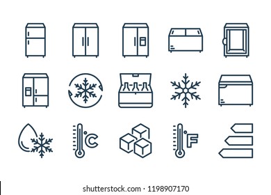 Fridge and Refrigerator related line icon set. Keep Frozen and Frozen Product vector linear icons.