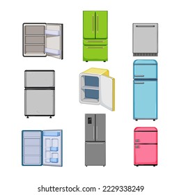 fridge refrigerator set cartoon. freezer kitchen, food door, open home, empty white, storage fridge refrigerator vector illustration