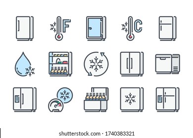 Fridge related color line icon set. Refrigerator colorful linear icons. Freezer, Keep Frozen and Cold Food Storage flat color outline vector sign collection.