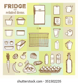Fridge and related items. Vintage style, hand drawn pen and ink.  Vector clip art set for flyer, business card of electronics shop or refrigerator store. Retro design element