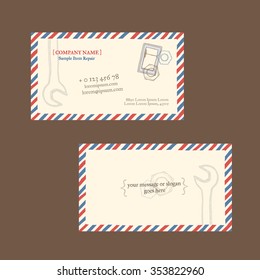 Fridge repair. Business card vector template, styled as a vintage envelope with postage stamp. Hand drawn, pen ink. Also suitable for flyer, banner, advertisement, promotion