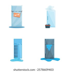 Fridge repair icons set cartoon vector. Various empty broken refrigerator. Home appliance, repair service