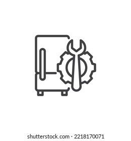 Symbol der Kühlschrank-Reparaturlinie. lineares Stilzeichen für mobiles Konzept und Webdesign. Kühlschrank mit Getriebe und Umriss-Vektorsymbol. Symbol, Logo-Abbildung. Vektorgrafik