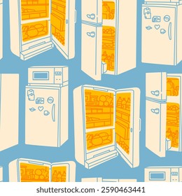 Fridge set. Open and closed Refrigerator with food, sticker, magnet, oven. Unique modern style. Hand drawn trendy Vector illustration. Square seamless Pattern, background, wallpaper