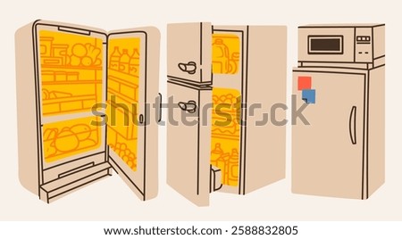 Fridge set. Open and closed Refrigerator with food, sticker, microwave oven. Front view. Unique modern style. Hand drawn trendy Vector illustration. Print, poster, design template. Isolated elements