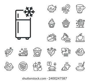 Fridge sign. Crepe, sweet popcorn and salad outline icons. Single chamber refrigerator line icon. Freezer storage symbol. Refrigerator line sign. Pasta spaghetti, fresh juice icon. Vector svg