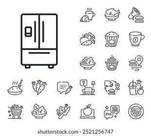 Fridge sign. Crepe, sweet popcorn and salad outline icons. Refrigerator with ice maker line icon. Freezer storage symbol. Refrigerator line sign. Pasta spaghetti, fresh juice icon. Vector
