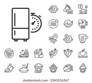 Fridge time sign. Crepe, sweet popcorn and salad outline icons. Refrigerator timer line icon. Freezer storage symbol. Refrigerator timer line sign. Pasta spaghetti, fresh juice icon. Vector