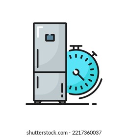 Signo de tiempo de nevera, icono de contorno del temporizador del refrigerador. Señal del temporizador del refrigerador de estilo lineal vectorial, sistema de refrigeración y congelador, reemplazo del condensador. Aparato doméstico, señal de tiempo de nevera, congelador