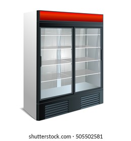 Fridge with transparent glass isolated. Refrigerator showcase on white background. Vector