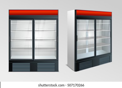 Fridge with transparent glass isolated. Refrigerator showcase on white background. Vector