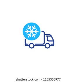 Fridge truck, ice cream van, delivery vehicle services, freezer, vector mono line icon