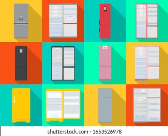 Fridge vector flat illustration.Kitchen refrigerator vector icon.Isolated flat set of modern fridge and freezer.Isolated icon refrigerator for food.