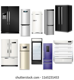 Fridge vector refrigerator or freezer and refrigeratory equipment in kitchen illustration set of refrigerant household appliance isolated on white background