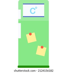 Fridge vector. Refrigerator with magnet sticker icon. Flat kitchen freezer with paper reminder on door isolated on white background