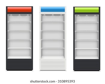 Fridges with glazed door on white background