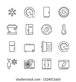 Fridges icon. Freezer commercial cold compact home refrigerator opened closed vector symbols
