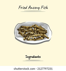 Fried Anchovy Illustration Sketch And Vector Style. Good to use for restaurant menu, Food recipe book and food ingredients content.