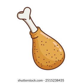 Fried appetizing chicken leg, vector illustration in cartoon childish style. Isolated funny poultry meat clipart on a white background. Ideal for cute food prints and designs.