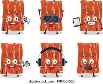 Fried bacon cartoon character are playing games with various cute emoticons. Vector illustration